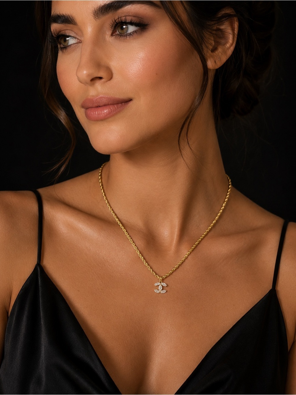 Gold Rope Chain Necklace With Interlocking Double-C Rhinestone Pendant - Picture 2 of 10
